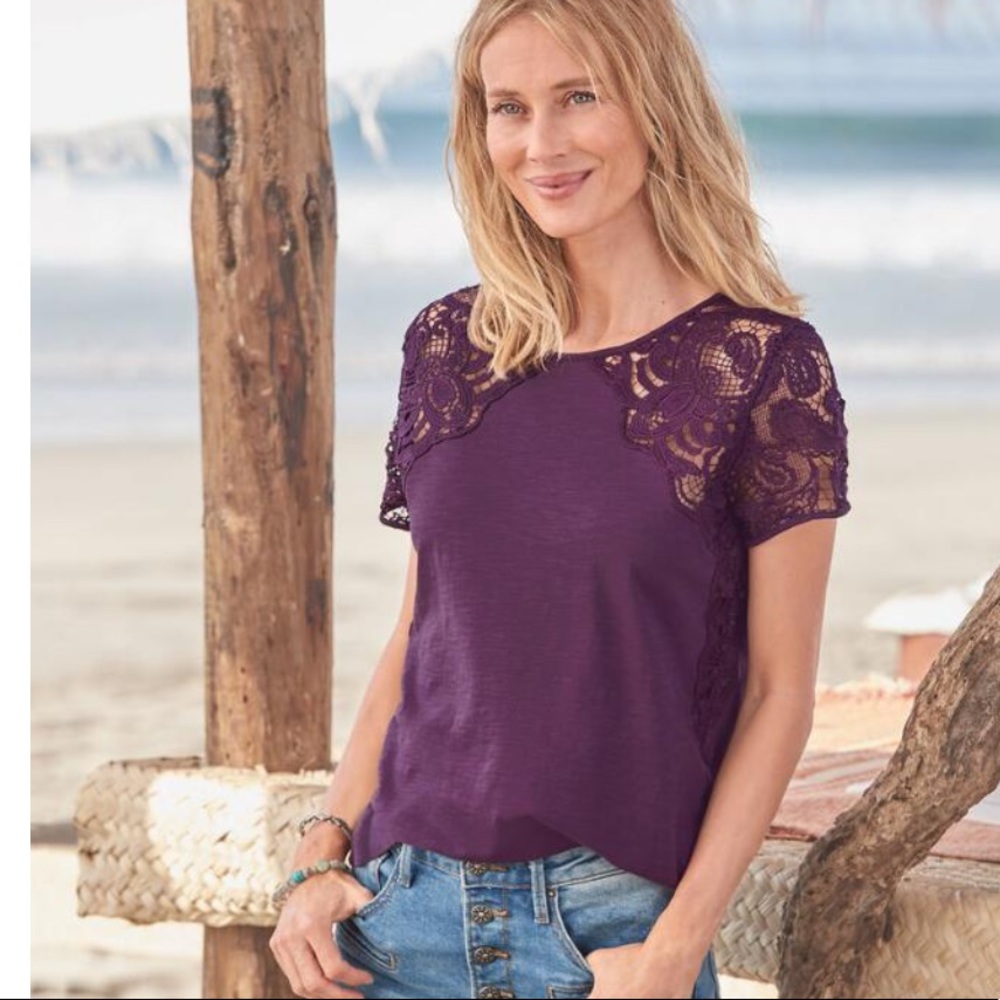 Sundance Maeve egg plant lace t shirt top NWT S
